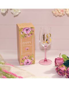 FLORAL CELEBRATION GOLD PRINT 18 BIRTHDAY WINE GLASS IN GIFT BOX