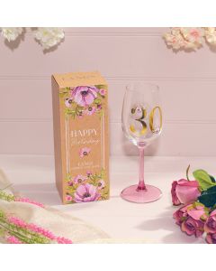 FLORAL CELEBRATION GOLD PRINT 30 BIRTHDAY WINE GLASS IN GIFT BOX