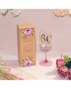 FLORAL CELEBRATION GOLD PRINT 60 BIRTHDAY WINE GLASS IN GIFT BOX