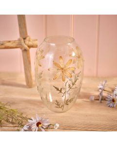 GLASS OVAL VASE WITH PRESSED FLOWERS AND LEAVES