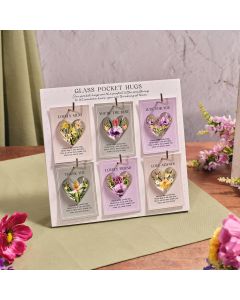 FLORAL SERENADE GLASS HEART POCKET HUG ON CARD 6 ASSTD STAND 36