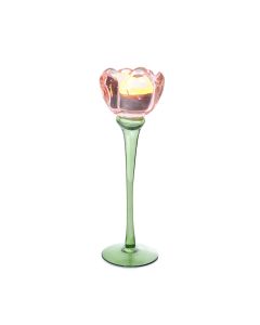 FLORAL SERENADE GLASS TULIP TEA LIGHT HOLDER LARGE PINK