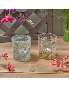 GARDEN BIRDS FLORAL MIXED BIRDS INCL ROBIN GLASS TEA LIGHT HOLDER 2 ASST