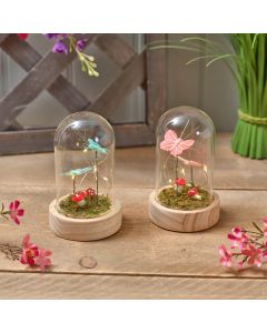 GARDEN BIRDS GLASS DOME WITH BUTTERFLIES AND MUSHROOMS 2 ASSTD LED ORNAMENT