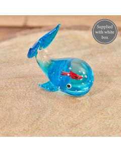 GLASS WHALE ORNAMENT IN BOX BLUE WITH RED FISH INSIDE