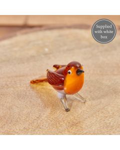 GLASS ROBIN ORNAMENT IN BOX BROWN WITH CLEAR LEGS