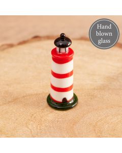 GLASS LIGHTHOUSE ORNAMENT RED & WHITE HAND BLOWN