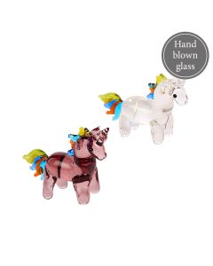 GLASS UNICORN ORNAMENT 2 ASSTD WITH MULTICOLOURED MANE & TAIL HAND BLOWN