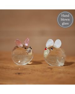 GLASS MOUSE ORNAMENT 2 ASSTD CLEAR WITH COLOURED EARS