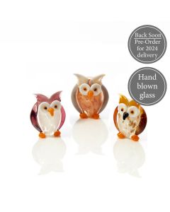 GLASS OWL ORNAMENT 3 ASSTD MOTTLED WITH ORANGE FEET