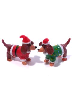 CHRISTMAS HAND BLOWN GLASS DRESSED DOG WITH HAT 2 ASSTD ORNAMENT