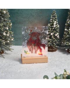 HIGHLAND COW WITH TARTAN SCARF STAINED GLASS DOUBLE TEA LIGHT HOLDER GIFT BOXED