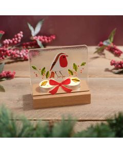 ROBIN AND BERRIES HAND CRAFTED FUSED GLASS DOUBLE TEALIGHT HOLDER GIFT BOXED