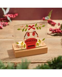 ROBINS ON POSTBOX HAND CRAFTED FUSED GLASS DOUBLE TEALIGHT HOLDER GIFT BOXED