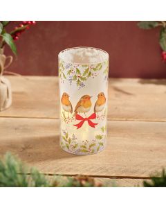 ROBIN WITH FESTIVE BOW GLASS LED LIGHT ORNAMENT