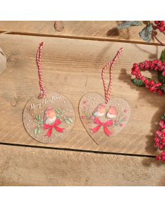 ROBIN WITH BOW PRINTED ACRYLIC HANGER HEART AND ROUND 2 ASST