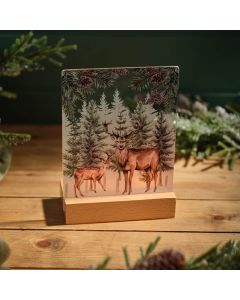 EVERGREEN SCENE WITH STAGS STAINED GLASS DOUBLE TEA LIGHT HOLDER GIFT BOXED
