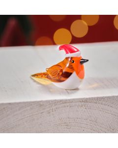 XMAS GLASS ROBIN ORNAMENT BROWN WITH SANTA HAT WHITE BOX