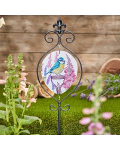 METAL FOXGLOVE BLUE TIT GARDEN STAKE BLACK WITH TEXTURED GLASS+