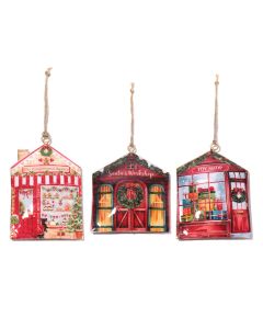 CHRISTMAS VINTAGE METAL SHOP SHAPED HANGER 3 ASSTD