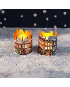 CHRISTMAS MARKET METAL CUT OUT WRAP AROUND HOUSE TEA LIGHT HOLDER 2 ASSTD