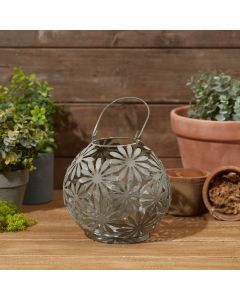 METAL FLORAL CUTOUT CANDLE HOLDER GREY METAL WITH HANDLE