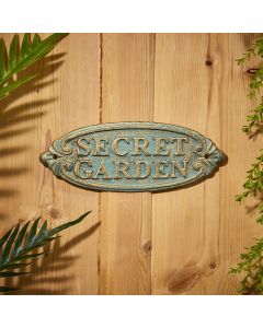 WROUGHT IRON VERDIGRIS SECRET GARDEN OVAL PLAQUE