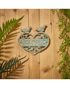 WROUGHT IRON VERDIGRIS WELCOME HEART PLAQUE WITH BIRDS