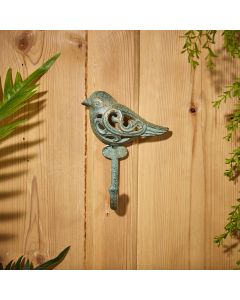 WROUGHT IRON VERDIGRIS BIRD HOOK