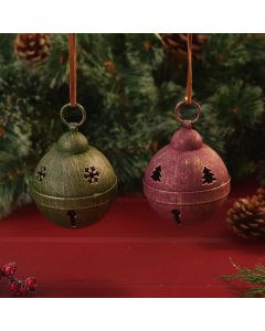 WOODLAND NOEL DISTRESSED FINISH METAL ROUND BELL HANGER RED AND GREEN 2 ASST