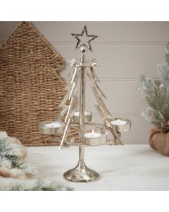XMAS METAL TREE ORNAMENT SILVER WITH 4 TEA LIGHT HOLDERS