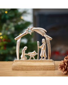 XMAS METAL CUTOUT NATIVITY SCENE SILVER ON MANGO WOOD BASE