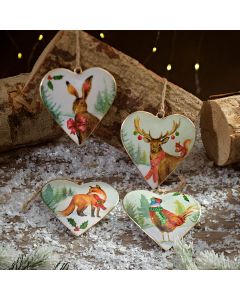 FROSTED FOREST METAL SHAPED HEART ANIMAL HANGER 4 ASSTD