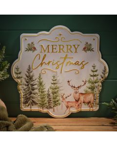 EVERGREEN WOODLAND SCENE WITH STAG 3D EMBOSSED METAL WALL PLAQUE