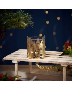 XMAS METAL HOUSE CANDLE HOLDER SMALL GOLD FOIL CUTOUT GLASS JAR
