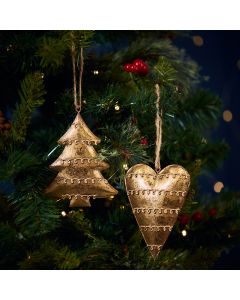 XMAS METAL HEART & TREE HANGER 2 ASSTD GOLD