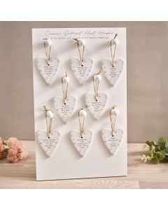 TINY SENTIMENT CERAMIC MINI HEART HANGER 8 ASSTD DESIGNS WITH 9DS STAND 32 **