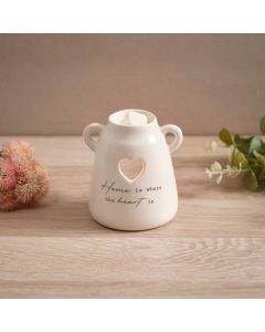 TINY SENTIMENT HOME IS WHERE THE HEART IS CERAMIC BURNER WITH HANDLES AND HEART CUT OUT