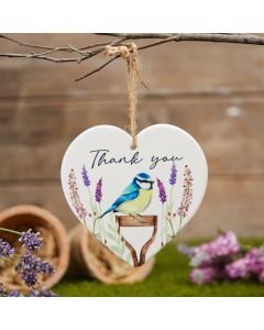 BLUE TIT THANK YOU HEART HANGER FLORAL CERAMIC WITH SPADE