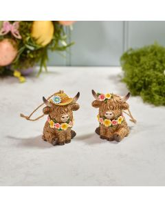 HIGHLAND COW RESIN WITH HAT AND FLOWERS HANGER 2 ASSTD