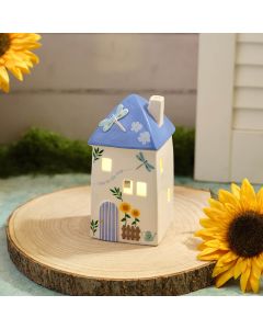BLOSSOM AND BLOOM STONEWARE LED LARGE HOUSE WITH BLUE ROOF AND 3D DRAGONFLY