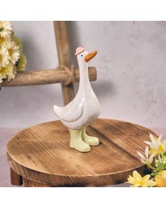 BLOOMING SWEET STONEWARE GOOSE WITH GREEN WELLIES AND PINK HAT ORNAMENT