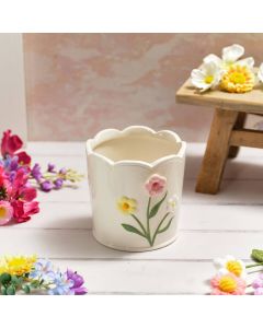 BRIGHT AND BEAUTIFUL STONEWARE SCALLOPED EDGE PLANTER WITH 3D FLOWER HEADS