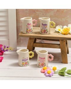 BRIGHT AND BEAUTIFUL STONEWARE DECORATIVE MINI JUG WITH FLOWER HANDLE 4 ASSTD WITH GIFT BOX