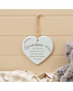 BABY GRANDSON HEART HANGER BLUE CERAMIC WITH WREATHS