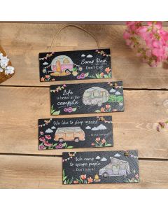 CAMPING SLATE MIXED DESIGNS 4 ASSTD PLAQUES WITH TRAY 24