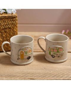 CAMPING STONEWARE 2 ASSTD MUG WITH EMBOSSED CARAVAN AND FLOWERS WITH GIFT BOX **