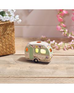 CAMPING STONEWARE GREEN CARAVAN WITH EMBOSSED DETAILS CANDLE HOLDER