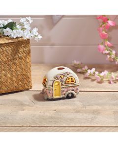 CAMPING STONEWARE PINK CARAVAN WITH EMBOSSED DETAILS CANDLE HOLDER