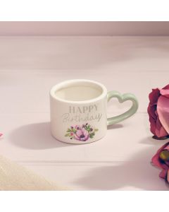 FLORAL CELEBRATION STONEWARE HAPPY BIRTHDAY TEA LIGHT CUP WITH HEART HANDLE